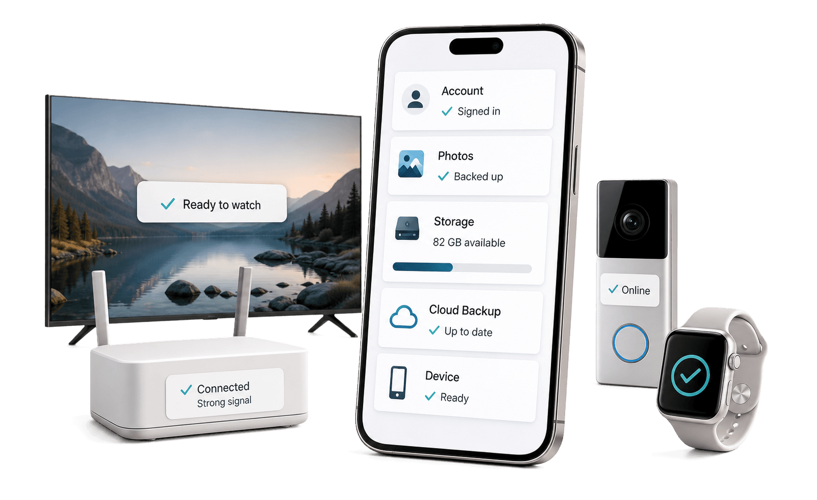 Angled smartphone showing successful account login, photo backup, and available storage alongside connected TV, Wi-Fi, and smart-home devices