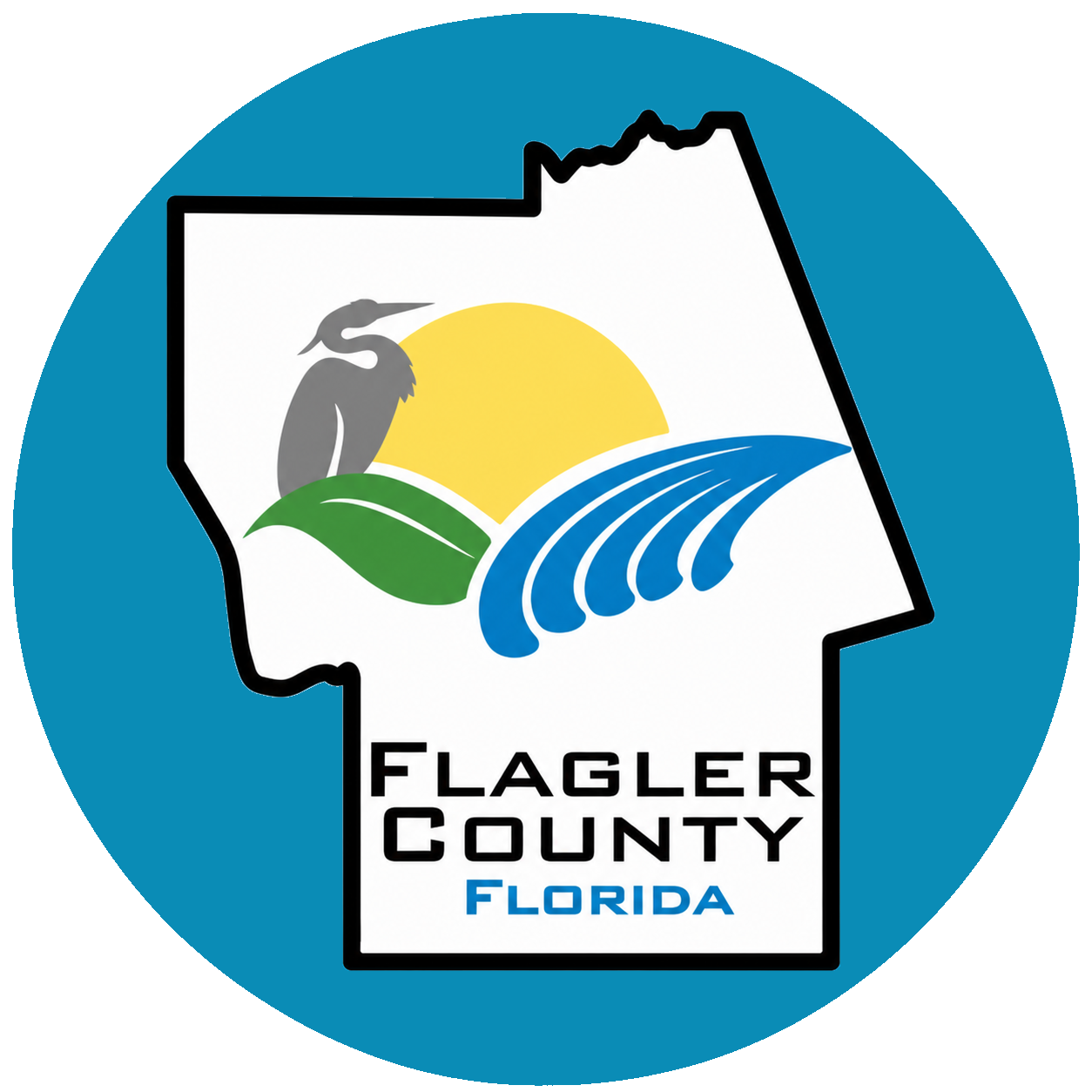 Flagler County Florida graphic featuring a heron, sunrise, green landscape, and blue waterways